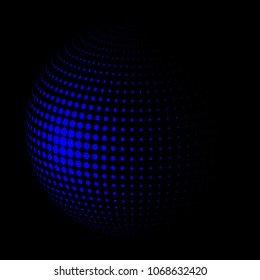 Abstract globe dotted sphere, 3d halftone dot effect. Blue dots in black background. Vector illustration. It can use as logo, icon, banner, business card. Modern minimal covers design.