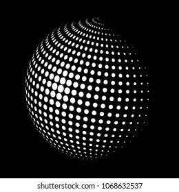 Abstract globe dotted sphere, 3d halftone dot effect. White dots in dark background. Vector illustration. It can use as logo, icon, banner, business card. Modern minimal covers design.