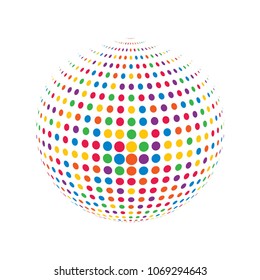 Abstract globe dotted sphere, 3d halftone dot effect. Colorful dots in white background. Rainbow color in earth shape. Vector illustration. It can use as logo, icon, banner, business card.
