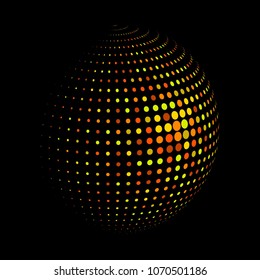 Abstract globe dotted sphere, 3d halftone dot effect. Golden dots in dark background. Vector illustration. It can use as logo, icon, banner, business card. Modern minimal covers design.
