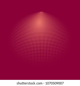 Abstract globe dotted sphere, 3d halftone dot effect. Light orange dots in pink background. Vector illustration. It can use as logo, icon, banner, business card. Modern minimal covers design.