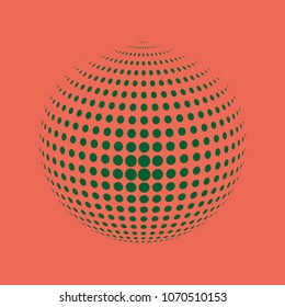 Abstract globe dotted sphere, 3d halftone dot effect. Green dots in light red background. Vector illustration. It can use as logo, icon, banner, business card. Modern minimal covers design.