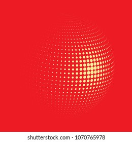 Abstract globe dotted sphere, 3d halftone dot effect. Orange dots in red background. Vector illustration. It can use as logo, icon, banner, business card. Modern minimal covers design.