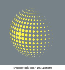 Abstract globe dotted sphere, 3d halftone dot effect. Golden dots in grey background. Vector illustration. It can use as logo, icon, banner, business card. Modern minimal covers design.