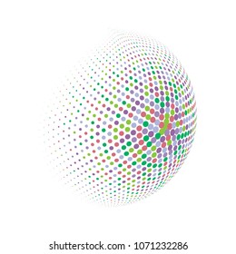 Abstract globe dotted sphere, 3d halftone dot effect. Colorful dots in white background. Rainbow color in earth shape. Vector illustration. It can use as logo, icon, banner, business card.
