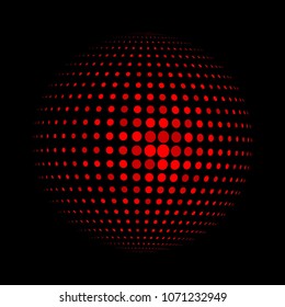 Abstract globe dotted sphere, 3d halftone dot effect. Red dots in dark background. Vector illustration. It can use as logo, icon, banner, business card. Modern minimal covers design.