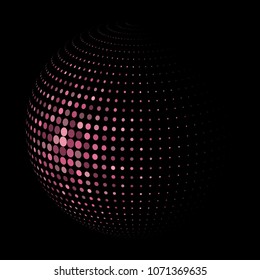 Abstract globe dotted sphere, 3d halftone dot effect. Pink and red dots in dark background. Vector illustration. It can use as logo, icon, banner, business card. Modern minimal covers design.