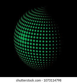 Abstract globe dotted sphere, 3d halftone dot effect. Green organic dots in dark background. Vector illustration. It can use as logo, icon, banner, business card. Modern minimal covers design.