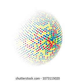 Abstract globe dotted sphere, 3d halftone dot effect. Colorful dots in white background. Rainbow color in earth shape. Vector illustration. It can use as logo, icon, banner, business card.