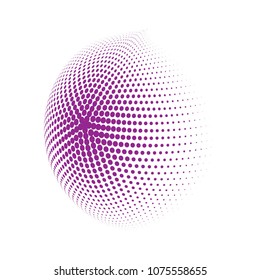 Abstract globe dotted sphere, 3d halftone dot effect. Purple dots in white background. Vector illustration. It can use as logo, icon, banner, business card. Modern minimal covers design.