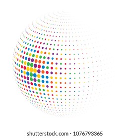 Abstract globe dotted sphere, 3d halftone dot effect. Colorful dots in white background. Rainbow color in earth shape. Vector illustration. It can use as logo, icon, banner, business card.