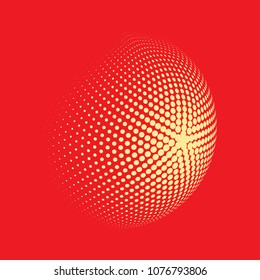Abstract globe dotted sphere, 3d halftone dot effect. Orange dots in red background. Vector illustration. It can use as logo, icon, banner, business card. Modern minimal covers design.