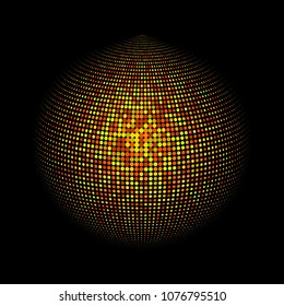 Abstract globe dotted sphere, 3d halftone dot effect. Golden dots in dark background. Vector illustration. It can use as logo, icon, banner, business card. Modern minimal covers design.