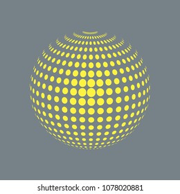 Abstract globe dotted sphere, 3d halftone dot effect. Golden dots in grey background. Vector illustration. It can use as logo, icon, banner, business card. Modern minimal covers design.