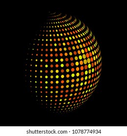 Abstract globe dotted sphere, 3d halftone dot effect. Golden dots in dark background. Vector illustration. It can use as logo, icon, banner, business card. Modern minimal covers design.