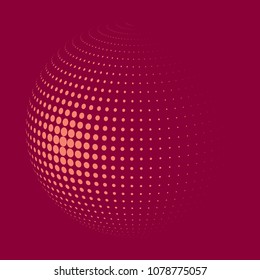 Abstract globe dotted sphere, 3d halftone dot effect. Light orange dots in pink background. Vector illustration. It can use as logo, icon, banner, business card. Modern minimal covers design.