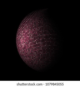 Abstract globe dotted sphere, 3d halftone dot effect. Pink and red dots in dark background. Vector illustration. It can use as logo, icon, banner, business card. Modern minimal covers design.