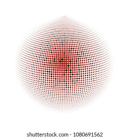 Abstract globe dotted sphere, 3d halftone dot effect. Black and red dots in white background. Vector illustration. It can use as logo, icon, banner, business card. Modern minimal covers design.