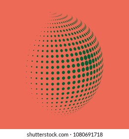 Abstract globe dotted sphere, 3d halftone dot effect. Green dots in light red background. Vector illustration. It can use as logo, icon, banner, business card. Modern minimal covers design.