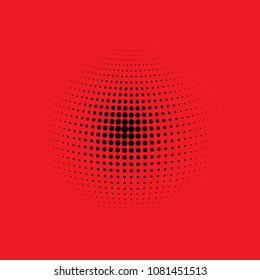 Abstract globe dotted sphere, 3d halftone dot effect. Black dots in red background. Vector illustration. It can use as logo, icon, banner, business card. Modern minimal covers design.