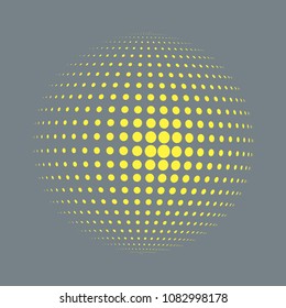 Abstract globe dotted sphere, 3d halftone dot effect. Golden dots in grey background. Vector illustration. It can use as logo, icon, banner, business card. Modern minimal covers design.