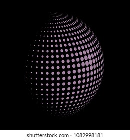 Abstract globe dotted sphere, 3d halftone dot effect. Light purple dots in dark background. Vector illustration. It can use as logo, icon, banner, business card. Modern minimal covers design.