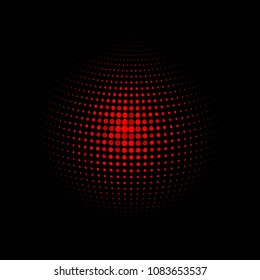 Abstract globe dotted sphere, 3d halftone dot effect. Red dots in dark background. Vector illustration. It can use as logo, icon, banner, business card. Modern minimal covers design.