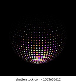 Abstract globe dotted sphere, 3d halftone dot effect. Colorful dots in dark background. Rainbow color in earth shape. Vector illustration. It can use as logo, icon, banner, business card.