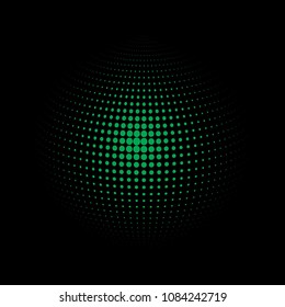 Abstract globe dotted sphere, 3d halftone dot effect. Green organic dots in dark background. Vector illustration. It can use as logo, icon, banner, business card. Modern minimal covers design.