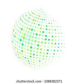 Abstract globe dotted sphere, 3d halftone dot effect. Green organic dots in white background. Vector illustration. It can use as logo, icon, banner, business card. Modern minimal covers design.