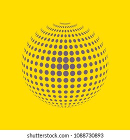 Abstract globe dotted sphere, 3d halftone dot effect. Grey dots in yellow background. Vector illustration. It can use as logo, icon, banner, business card. Modern minimal covers design.