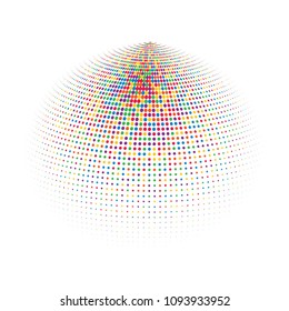 Abstract globe dotted sphere, 3d halftone dot effect. Colorful dots in white background. Rainbow color in earth shape. Vector illustration. It can use as logo, icon, banner, business card.