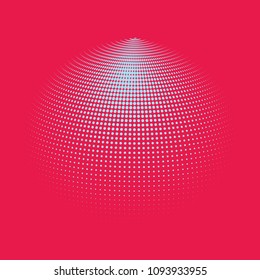 Abstract globe dotted sphere, 3d halftone dot effect. White dots in dark pink background. Vector illustration. It can use as logo, icon, banner, business card. Modern minimal covers design.