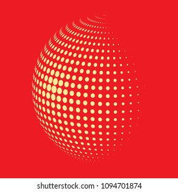 Abstract globe dotted sphere, 3d halftone dot effect. Orange dots in red background. Vector illustration. It can use as logo, icon, banner, business card. Modern minimal covers design.