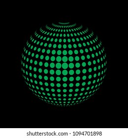 Abstract globe dotted sphere, 3d halftone dot effect. Green organic dots in dark background. Vector illustration. It can use as logo, icon, banner, business card. Modern minimal covers design.