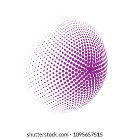 Abstract globe dotted sphere, 3d halftone dot effect. Purple dots in white background. Vector illustration. It can use as logo, icon, banner, business card. Modern minimal covers design.