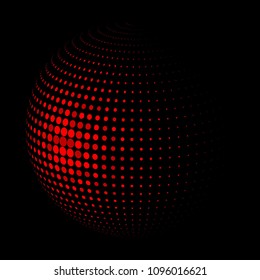 Abstract globe dotted sphere, 3d halftone dot effect. Red dots in dark background. Vector illustration. It can use as logo, icon, banner, business card. Modern minimal covers design.