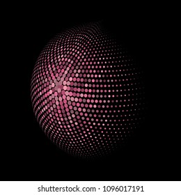 Abstract globe dotted sphere, 3d halftone dot effect. Pink and red dots in dark background. Vector illustration. It can use as logo, icon, banner, business card. Modern minimal covers design.