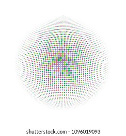 Abstract globe dotted sphere, 3d halftone dot effect. Colorful dots in white background. Rainbow color in earth shape. Vector illustration. It can use as logo, icon, banner, business card.
