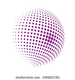 Abstract globe dotted sphere, 3d halftone dot effect. Purple dots in white background. Vector illustration. It can use as logo, icon, banner, business card. Modern minimal covers design.