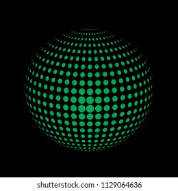 Abstract globe dotted sphere, 3d halftone dot effect. Green organic dots in dark background. Vector illustration. It can use as logo, icon, banner, business card. Modern minimal covers design.