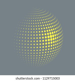 Abstract globe dotted sphere, 3d halftone dot effect. Golden dots in grey background. Vector illustration. It can use as logo, icon, banner, business card. Modern minimal covers design.