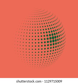 Abstract globe dotted sphere, 3d halftone dot effect. Green dots in light red background. Vector illustration. It can use as logo, icon, banner, business card. Modern minimal covers design.