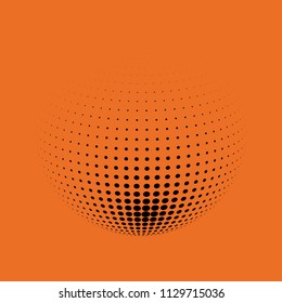 Abstract globe dotted sphere, 3d halftone dot effect. Black dots in orange background. Vector illustration. It can use as logo, icon, banner, business card. Modern minimal covers design.