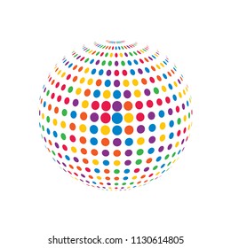 Abstract globe dotted sphere, 3d halftone dot effect. Colorful dots in white background. Rainbow color in earth shape. Vector illustration. It can use as logo, icon, banner, business card.