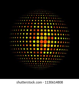Abstract globe dotted sphere, 3d halftone dot effect. Golden dots in dark background. Vector illustration. It can use as logo, icon, banner, business card. Modern minimal covers design.