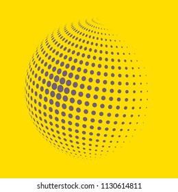 Abstract globe dotted sphere, 3d halftone dot effect. Grey dots in yellow background. Vector illustration. It can use as logo, icon, banner, business card. Modern minimal covers design.