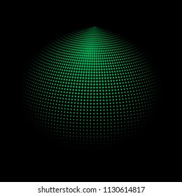 Abstract globe dotted sphere, 3d halftone dot effect. Green organic dots in dark background. Vector illustration. It can use as logo, icon, banner, business card. Modern minimal covers design.