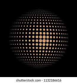 Abstract globe dotted sphere, 3d halftone dot effect. Golden dots in dark background. Vector illustration. It can use as logo, icon, banner, business card. Modern minimal covers design.