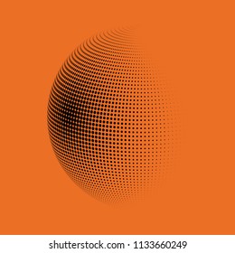 Abstract globe dotted sphere, 3d halftone dot effect. Black dots in orange background. Vector illustration. It can use as logo, icon, banner, business card. Modern minimal covers design.